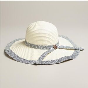 World Market Wide Brim Straw Hat with Blue‎ Trim and Bow With Button Style